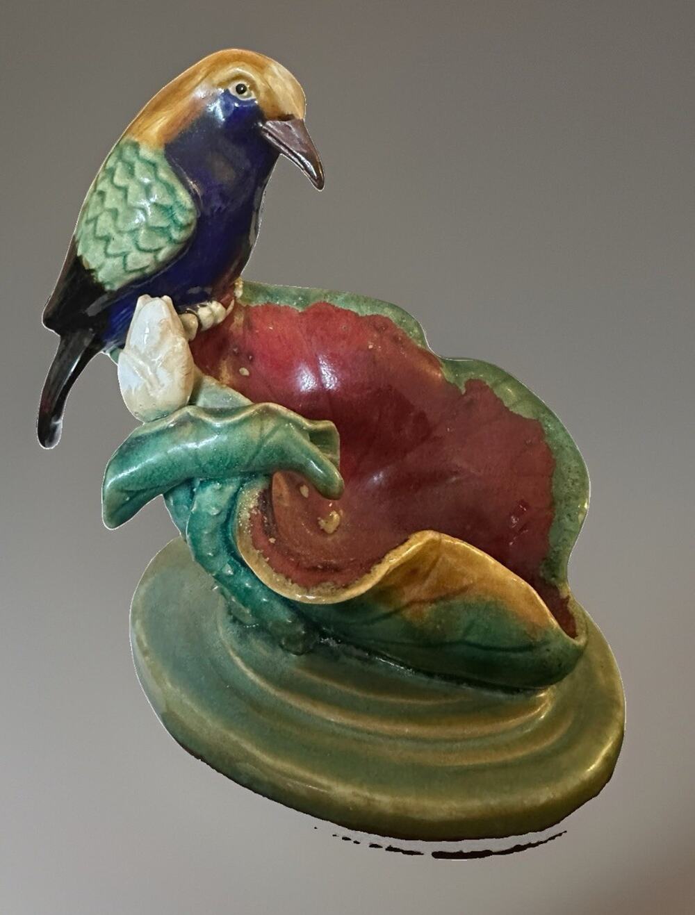 Antique Majolica Bird Perched On Water Lily By Or In Style Of Joseph Holdcroft